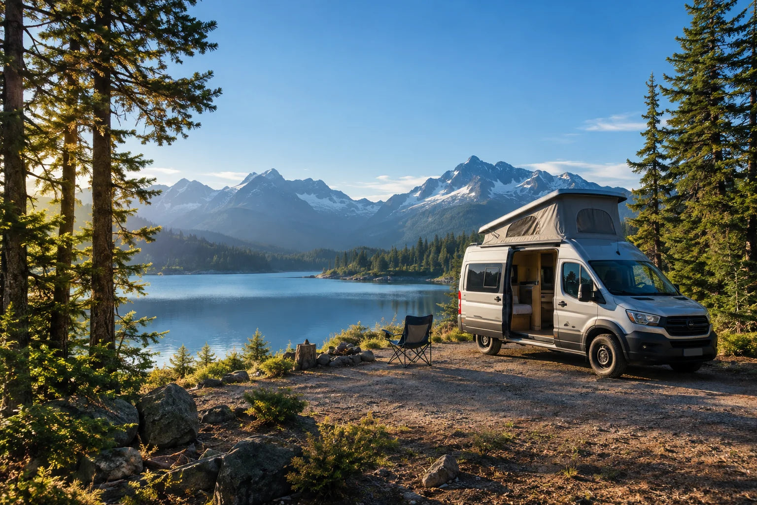 RV travel beside a mountain lake