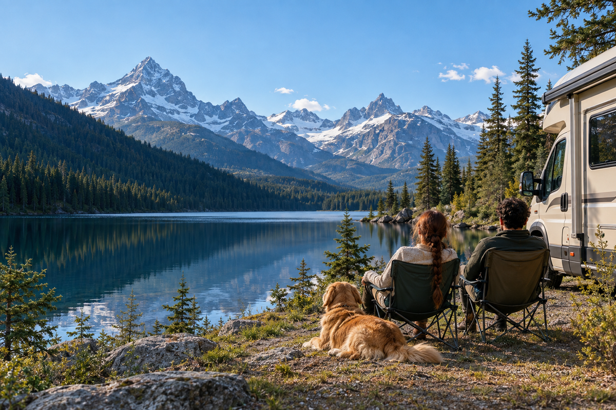 A camper beside a mountain lake