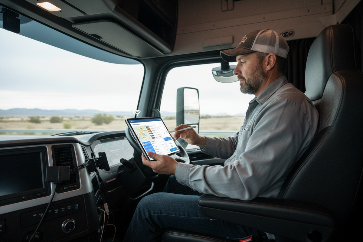 Truck driver using a tablet in the cab