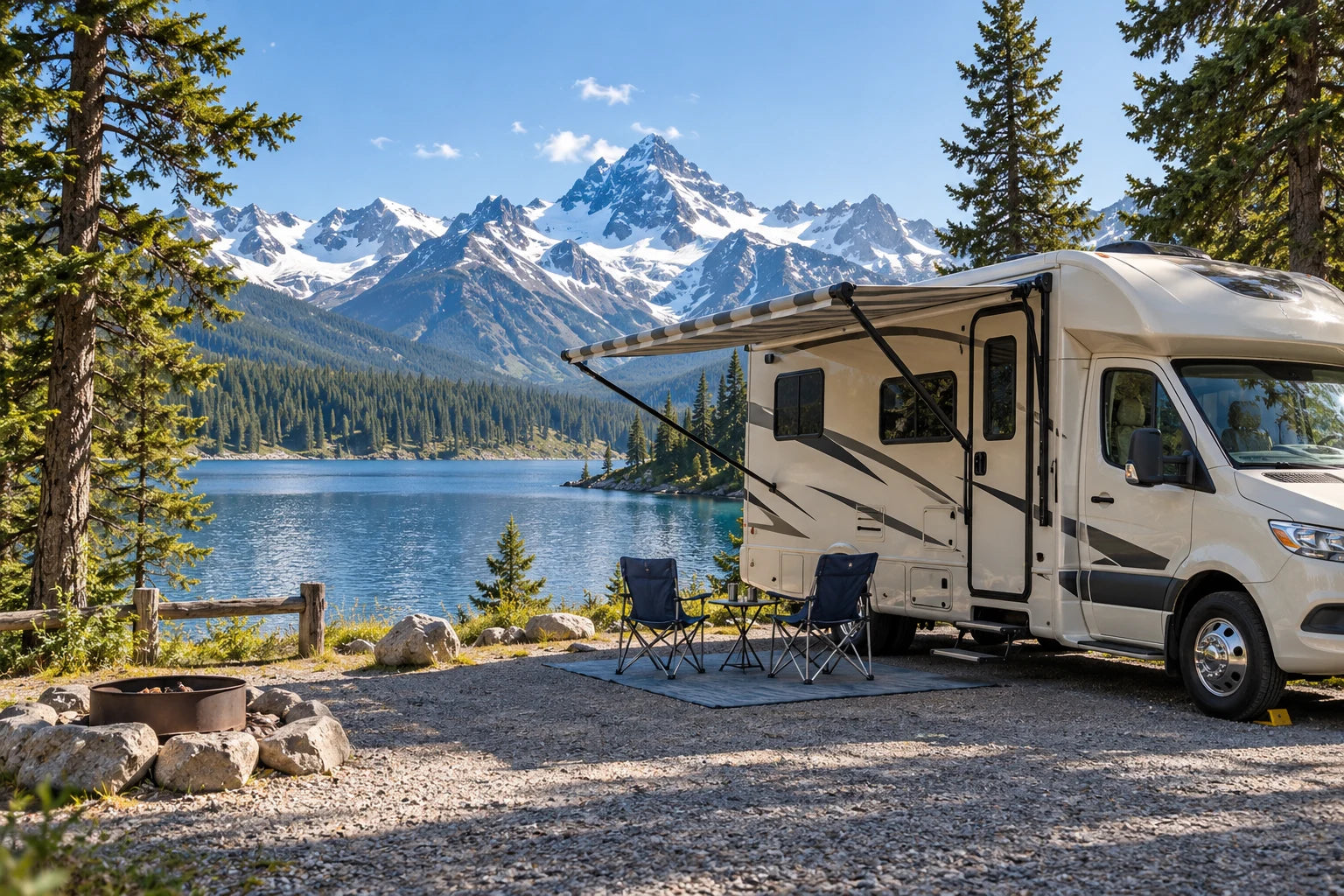 An RV campsite beside an alpine lake